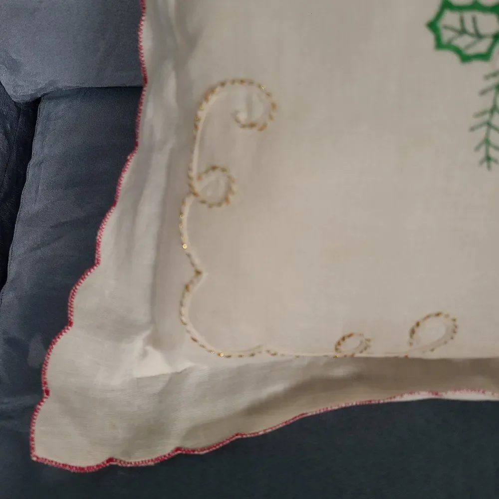 Christmas Poinsettia Embroidered Throw Pillow Gold Cord Scalloped Ruffle Vintage